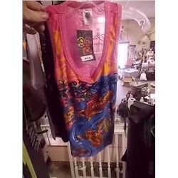 TANK TOP - LADIES - CHRISTIAN AUDIGER - MULTI COLORED GEMS ATTACHED - PINK - MESH BACK - "CHRISTINA 