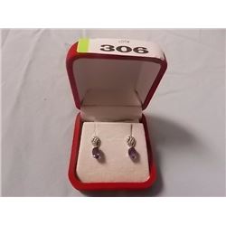 EARRINGS - OVAL FACETTED PURPLE AMETHYST AND DIAMONDS IN STERLING SILVER SETTING - POST & BUTTERFLY 