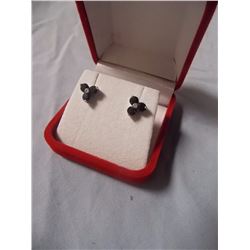 EARRINGS - NEW 6 ROUND FACETTED SAPPHIRES AND 2 CENTER DIAMONDS IN UNIQUE STERLING SILVER SETTING - 