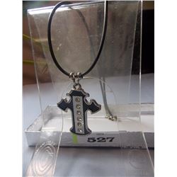 NECKLACE - BLACK & SILVER CROSS - WITH 6 CLEAR GEMSTONES