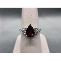 RING - PEAR FACETTED GARNET & DIAMOND IN STERLING SILVER SETTING - RETAIL ESTIMATE $345