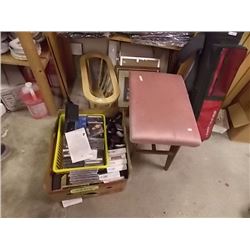 LOT - UPHOLSTERED STOOL - PINK, PICTURES, TAPES CD'S &  WOOD MAGAZINE RACK