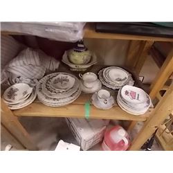 SHELF LOT ASSORTED CHINA PLATES AND MORE
