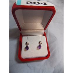 EARRINGS - OVAL FACETTED PURPLE AMETHYST AND DIAMONDS IN STERLING SILVER SETTING - POST & BUTTERFLY 