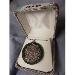 PENDANT - VINTAGE JADE WITH INLAID STERLING SILVER  "FIRST NATIONS CHIEF" DESIGN WITH FULL HEAD DRES