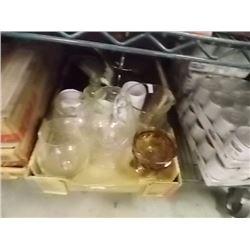 BOX ASSORTED GLASSWARE & VINTAGE SIGN IN BOX