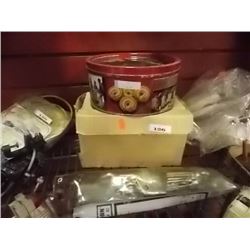 BOX AND TIN OF ASSORTED GRINDING DISKS & MORE