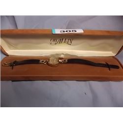 WATCH - BLACK LEATHER BAND "MILBROS 21 JEWELS" UNBREAKABLE MAIN SPRING - GOLD PLATED?