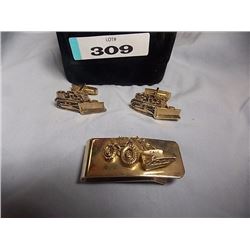 VINTAGE "CASE" - CATAPILLAR CUFF LINKS & TRACTOR MONEY CLIP - 3PC TTL