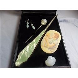 ANTIQUE HAT PIN - FREE FORM POLISHED QUARTZ? - TOURQUOISE DANGLE EARRINGS - FREE FORM POLISHED GEMST