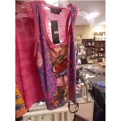 TANK TOP - LADIES - PINK WITH MULTI COLORED GEMS ATTACHED - MESH BACK - 2 FISH SWIMMING IN A STREAM 
