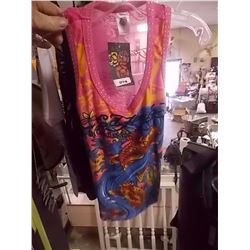 TANK TOP - LADIES - CHRISTIAN AUDIGER - MULTI COLORED GEMS ATTACHED - PINK - MESH BACK - "CHRISTINA 