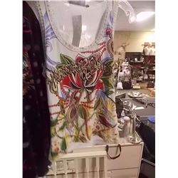 TANK TOP - LADIES - CHRISTIAN AUDIGER - MULTI COLORED GEMS ATTACHED - WHITE - MESH BACK - "CHRISTIAN