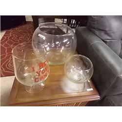 LARGE GLASS BOWL & 2 BRANDY GLASSES
