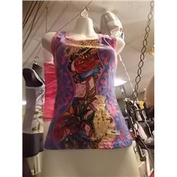 TANK TOP - LADIES - PINK WITH MULTI COLORED GEMS ATTACHED - MESH BACK - 2 FISH SWIMMING IN A STREAM 