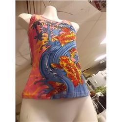 TANK TOP - LADIES - CHRISTIAN AUDIGER - MULTI COLORED GEMS ATTACHED - PINK - MESH BACK - "CHRISTINA 