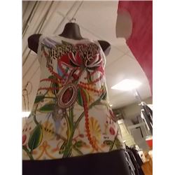 TANK TOP - LADIES - CHRISTIAN AUDIGER - MULTI COLORED GEMS ATTACHED - WHITE - MESH BACK - "CHRISTIAN