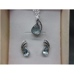 NECKLACE & EARRING SET - BLUE TOPAZ & DIAMOND TOTALLING 2.5CT - PEAR FACETTED - IN STERLING SILVER S