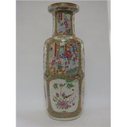 A CANTONESE ENAMEL BALUSTER VASE, mid 19th Century, famille rose, panels of exotic birds and figu...