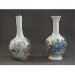 TWO CHINESE EXPORT BOTTLE VASES, late 19th Century, polychrome figure scenes, seal signatures, he...