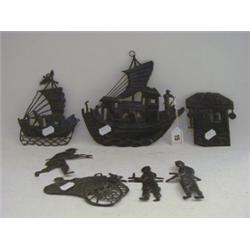 A SERIES OF TIN SHADOW PUPPETS, two junks, palanquin and bearers, rickshaw (7)  20-30...