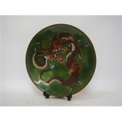 A CLOISONNE CHARGER, late 19th Century, coiled dragon on a makie ground, diameter 30cm, (back s.d...