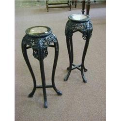 A PAIR OF STRAIGHTS HARDWOOD STANDS, late 19th Century, inset pink marble tops, on four cabriole...
