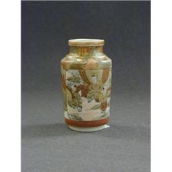 A MINIATURE SATSUMA BALUSTER VASE, panels of children at play, height 9cm and three feeder cups (...