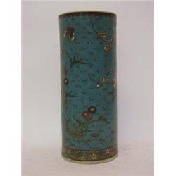 A CLOISONNE WARE CYLINDRICAL VASE, prunus branch on a turquoise ground, tin liner, bears signatur...
