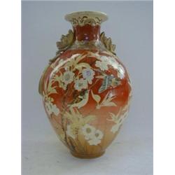 A SATSUMA 'TAIZAN' BALUSTER VASE, Meiji period, twin gilt handles, decorated with birds on branch...