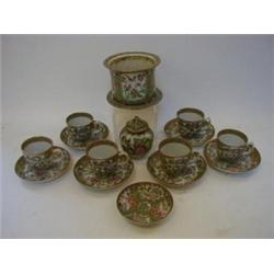 A CANTONESE ENAMEL CACHE POT AND STAND, 19th Century, six coffee cans and saucers, a small vase a...