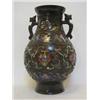 Image 1 : A BRONZE TWIN HANDLED BALUSTER VASE, raised cloisonne cells of trailing foliage on a textured gro...