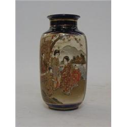 A SATSUMA WARE BALUSTER VASE, 20th Century, panels of figures in landscapes, square red seal mark...