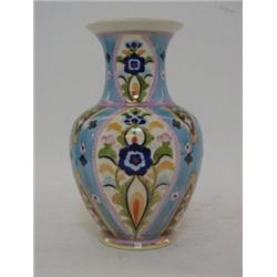 A NORITAKE BALUSTER VASE, stylized Persian floral design on a light blue ground, blue backstamp,...