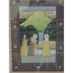 A MUGHAL STYLE WATERCOLOUR, four figures foreground, mountain background, trailing floral border,...