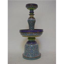 A PRICKET CANDLESTICK, Cantonese enamel pink floral decoration on a turquoise ground on bell base...