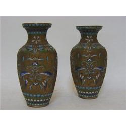 A PAIR OF METAL VASES, open cloisons to the background with geometric enamelled intervals, height...