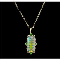 9.80 ctw Opal, Tsavorite and Diamond Pendant With Chain - 14KT Yellow Gold