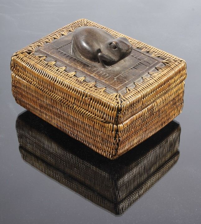 Eskimo Inuit Frog Totem Pine Needle Woven Box