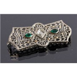 Antique Art Deco Gold Diamond Emerald Brooch