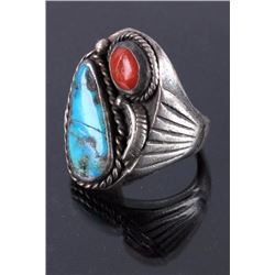 Navajo Sterling Silver Turquoise & Coral Ring