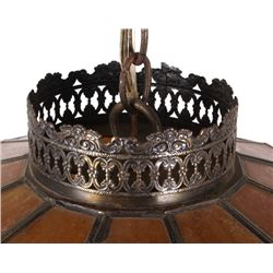 Antique Lead And Stained Slag Glass Hanging Lamp