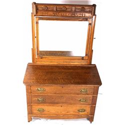 Antique Oak Three Drawer Mirrored Dresser