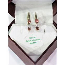 #11-9KT YELLOW GOLD GARNET & DIAMOND EARRINGS