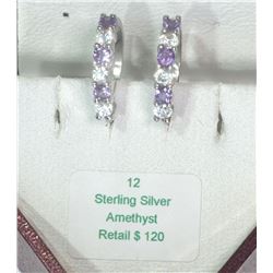 #12-STERLING SILVER AMETHYST HOOP EARRINGS