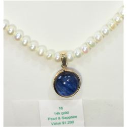 #16-14K YELLOW GOLD SAPPHIRE & PEARL NECKLACE
