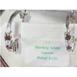 #17-STERLING SILVER GARNET HOOP EARRINGS