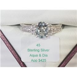 #45-STERLING SILVER AQUAMARINE & DIAMONDS RING