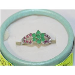 STERLING SILVER EMERALD AND RUBY RING