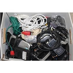 BOX OF ASST CORDS, CHARGERS AND MORE